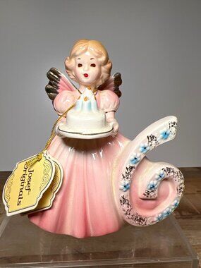 Josef Originals Vintage Angel Figurine With Number 6  Pink & Gold